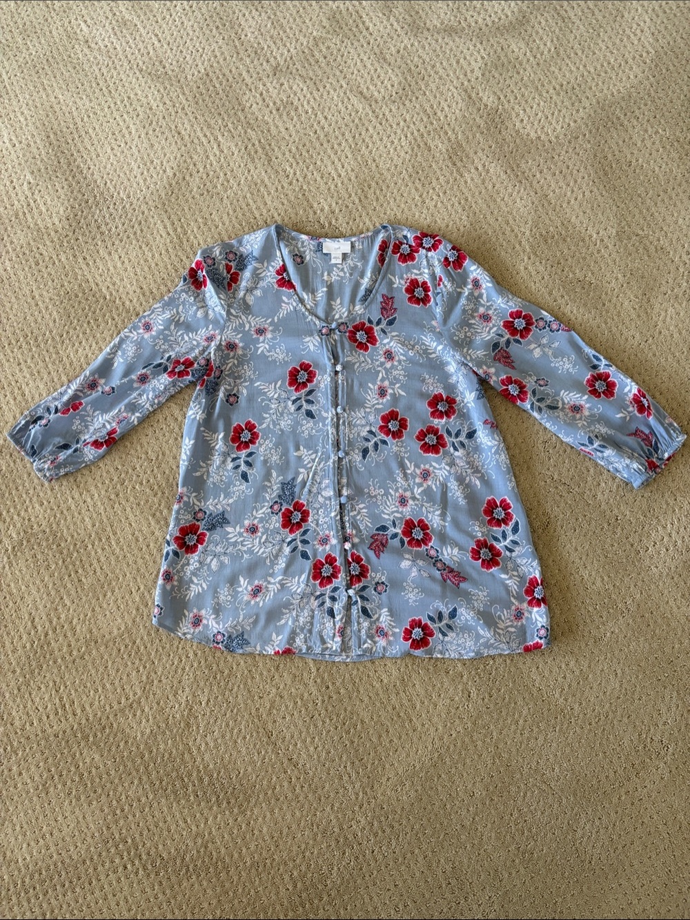 J. Jill Powder Blue Floral Button-Front Blouse with Red Accents